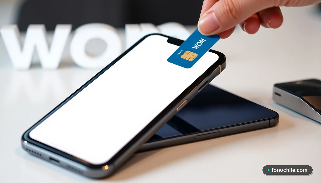 Hombre insertando una SIM card WOM en un smartphone nuevo, concepto de equipo propio.