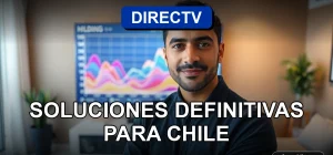 Soluciones para errores de DIRECTV en Chile, pantalla con gráficos abstractos y asesor técnico.