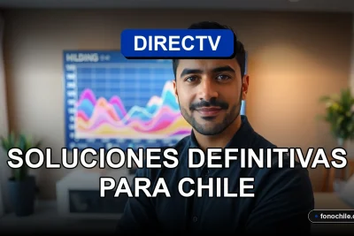 Soluciones para errores de DIRECTV en Chile, pantalla con gráficos abstractos y asesor técnico.