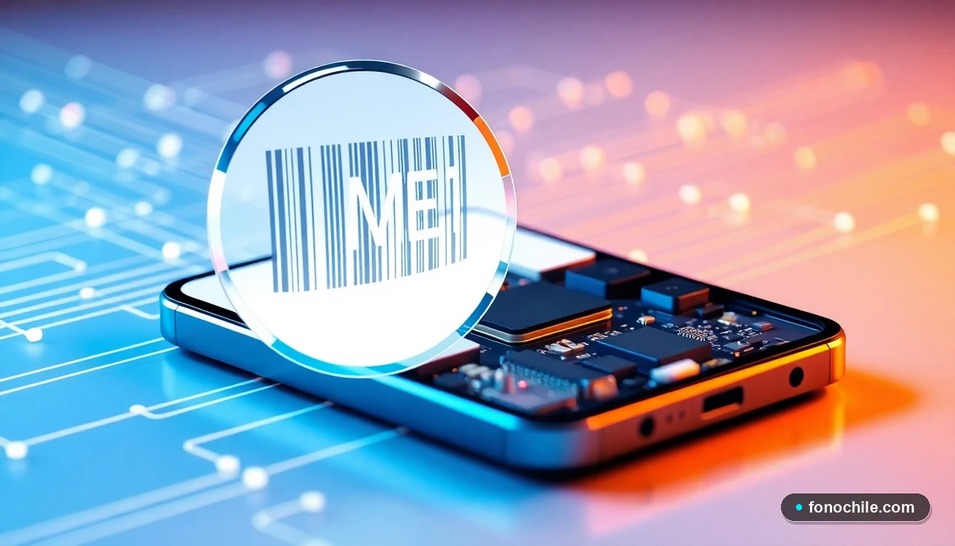 Ilustración técnica abstracta de un teléfono móvil mostrando su IMEI y componentes internos relacionados con la red.