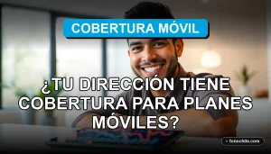 Hombre hispano-chileno sonriendo mientras verifica la cobertura de internet móvil en su teléfono en un ambiente moderno.