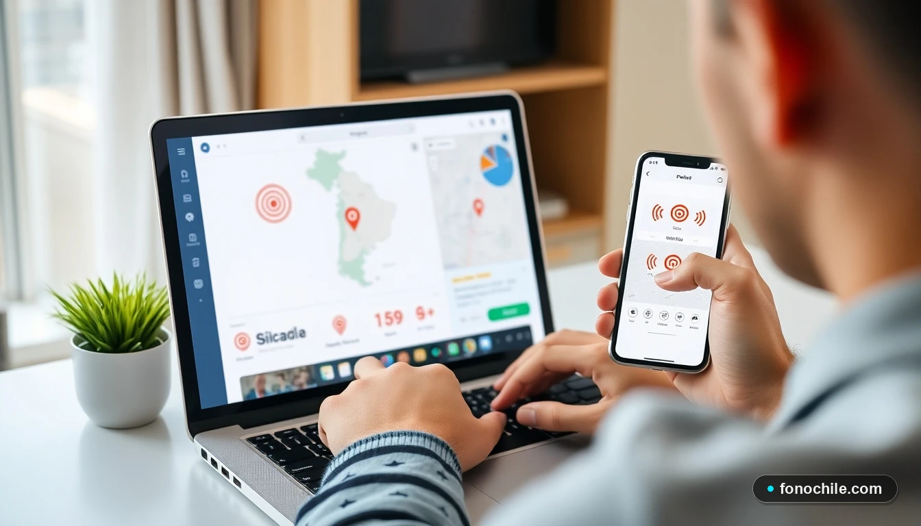 Persona verificando la factibilidad y cobertura de red móvil en Chile desde su computador y celular
