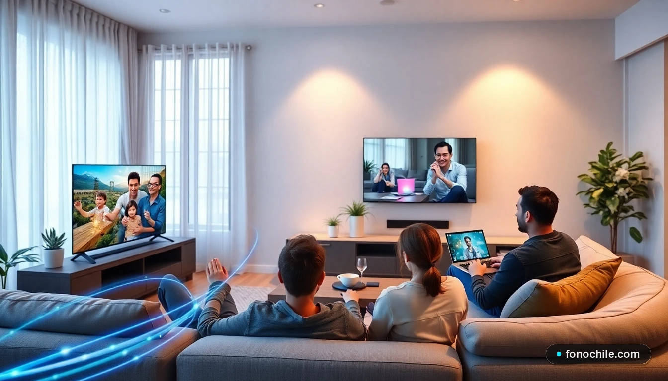 Familia disfrutando de internet de alta velocidad con fibra óptica para streaming, teletrabajo y hogar inteligente en 2026.