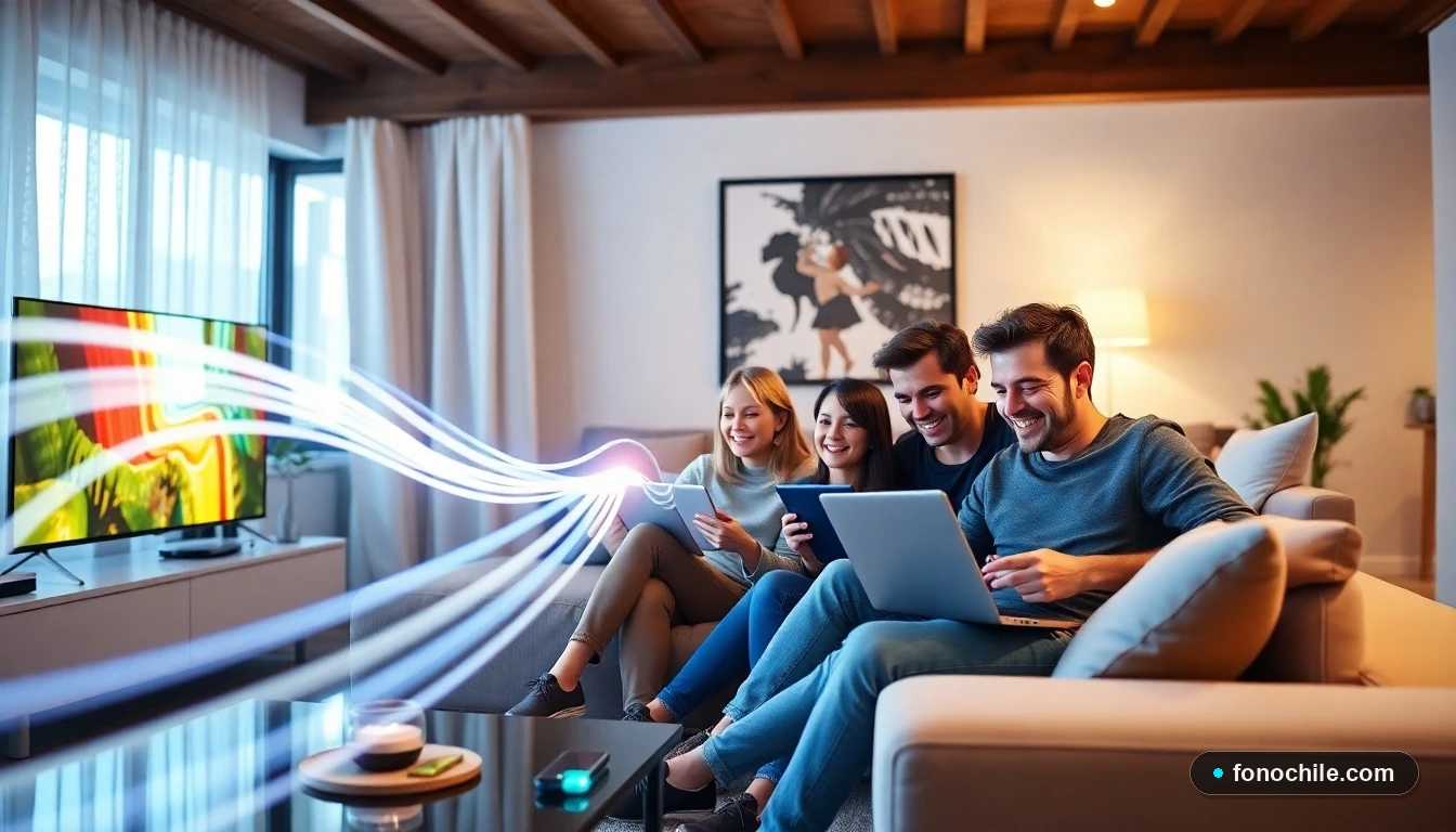 Familia chilena disfrutando de una conexión a internet de fibra óptica estable y rápida en su hogar.