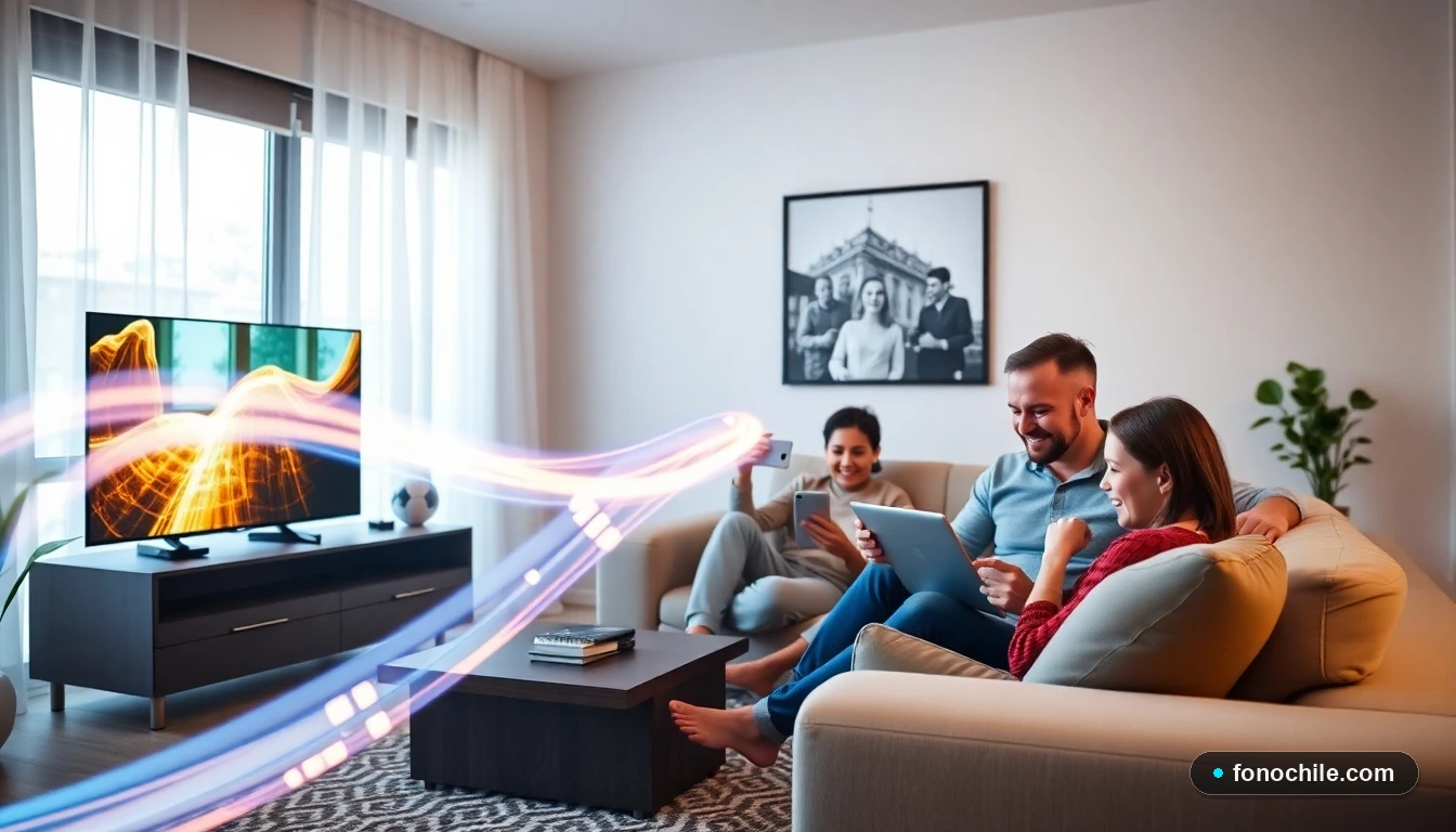 Familia chilena disfrutando de múltiples dispositivos conectados a internet por fibra óptica en su hogar