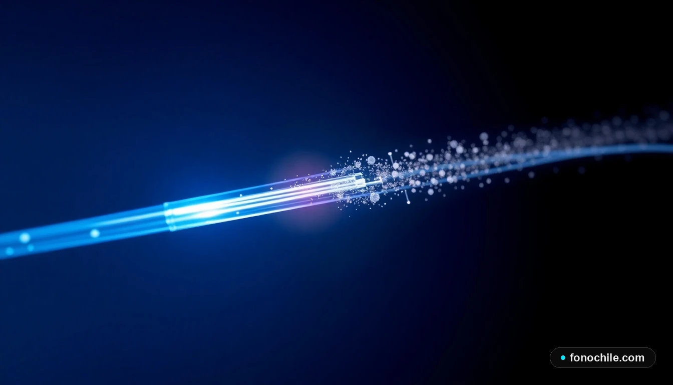 Ilustración tecnológica de un cable de fibra óptica transmitiendo datos con luz en Chile