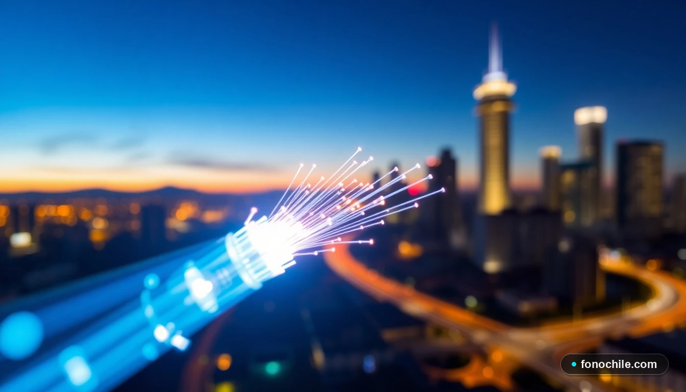 Detalle de cable de fibra óptica con pulsos de luz sobre fondo de ciudad chilena moderna