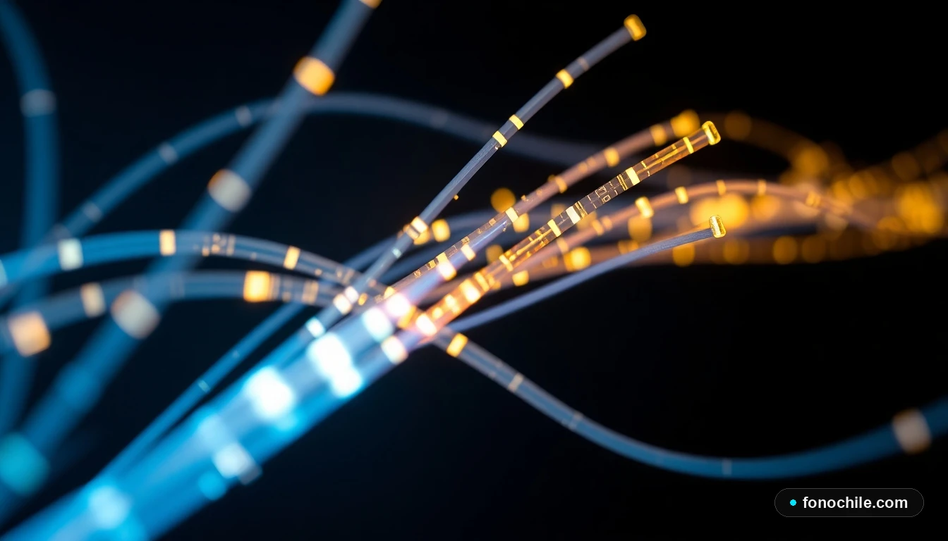 Detalle técnico de cables de fibra óptica iluminados transmitiendo datos a alta velocidad