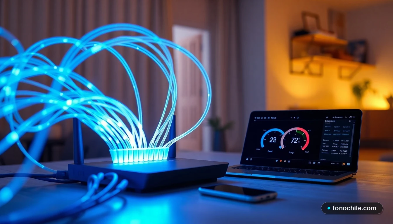 Fibra óptica en el hogar chileno mostrando velocidad de internet real en dispositivos