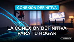 Fibra óptica de alta velocidad instalada en un hogar moderno en Chile, mostrando cables luminosos y un router con luces LED, representando la conexión a internet del futuro para 2026.