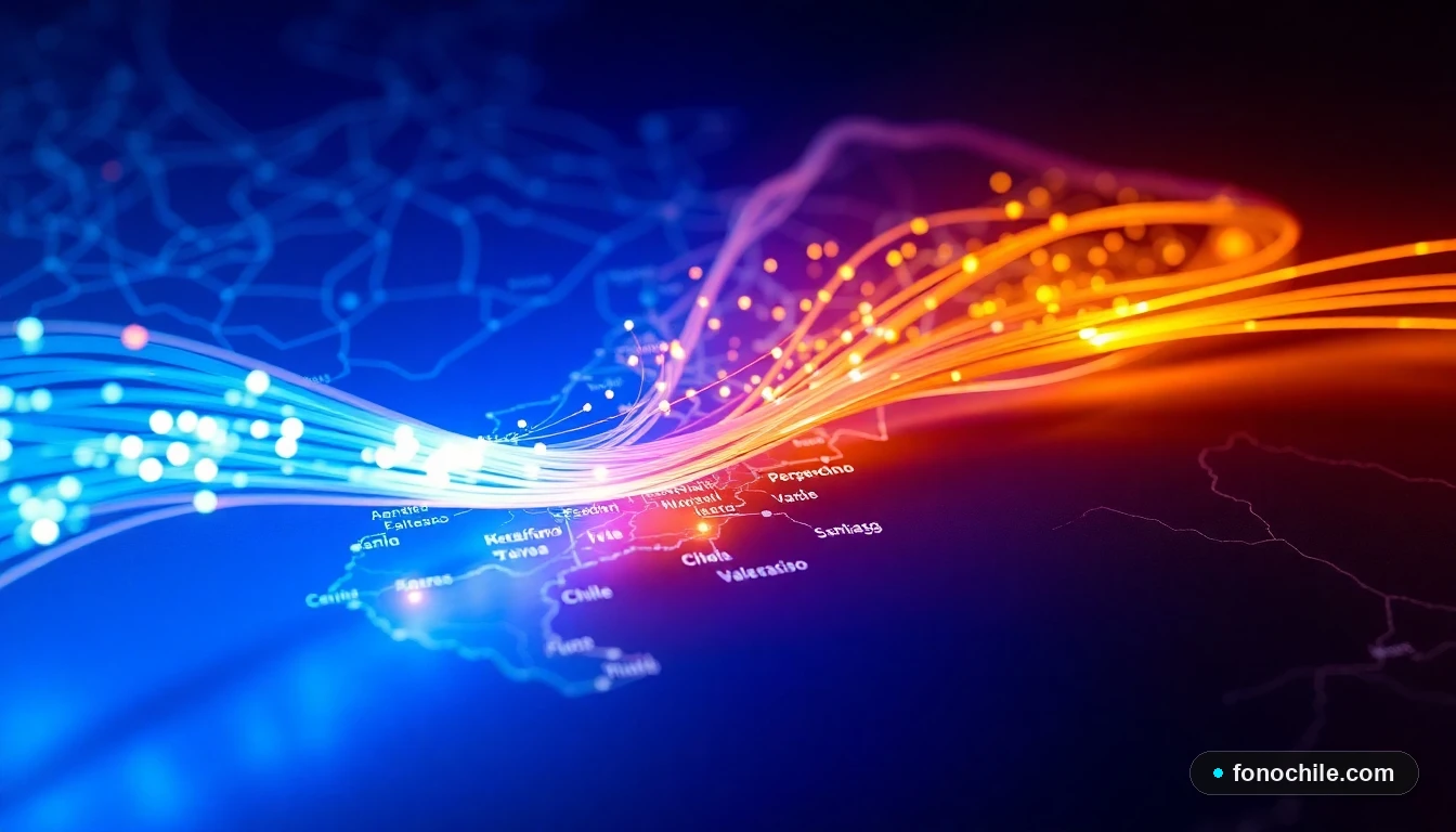 Fibra óptica desplegada en el mapa de Chile con puntos de conexión digital