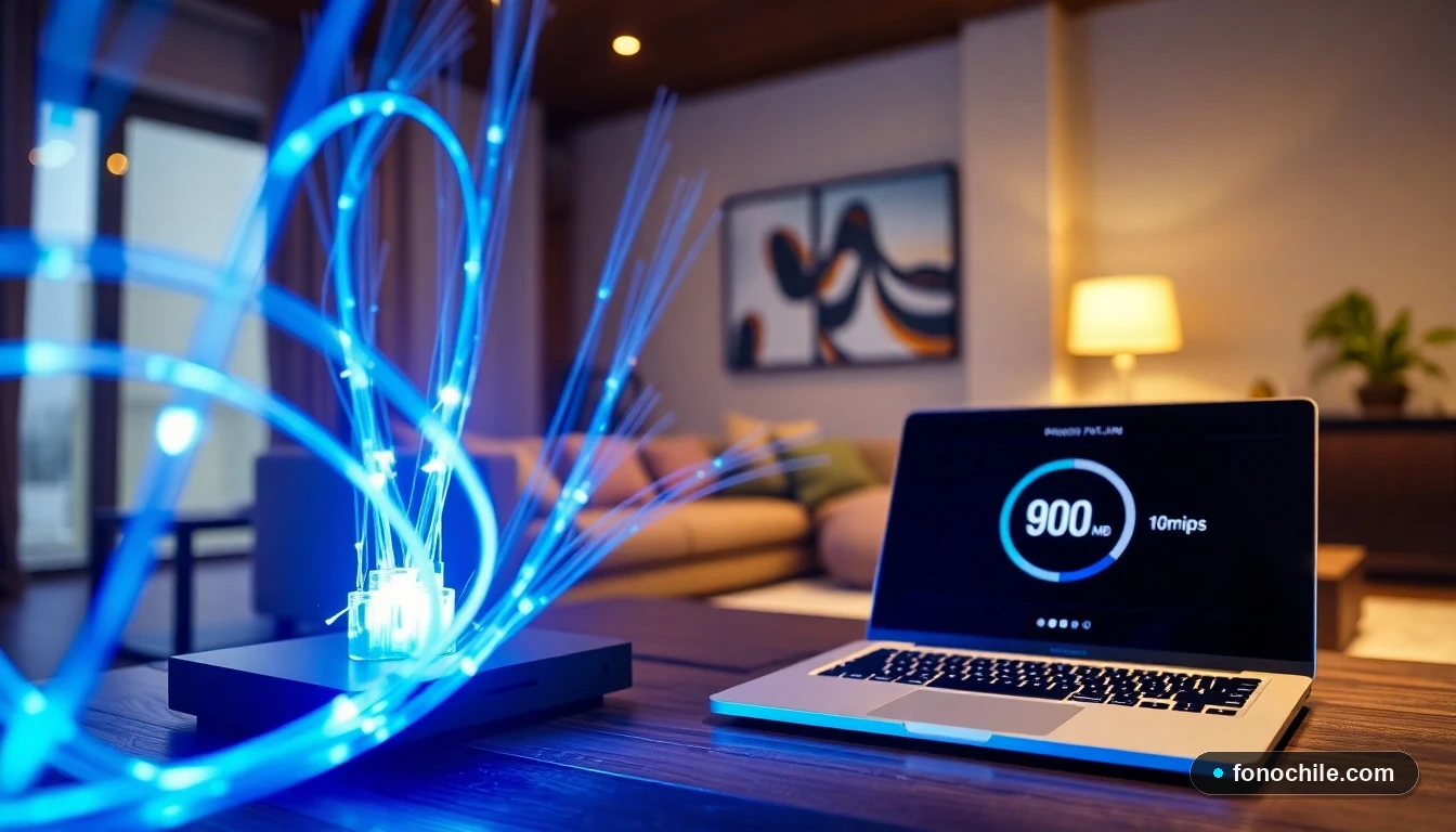 Fibra óptica moderna en un hogar chileno mostrando alta velocidad de internet en un test