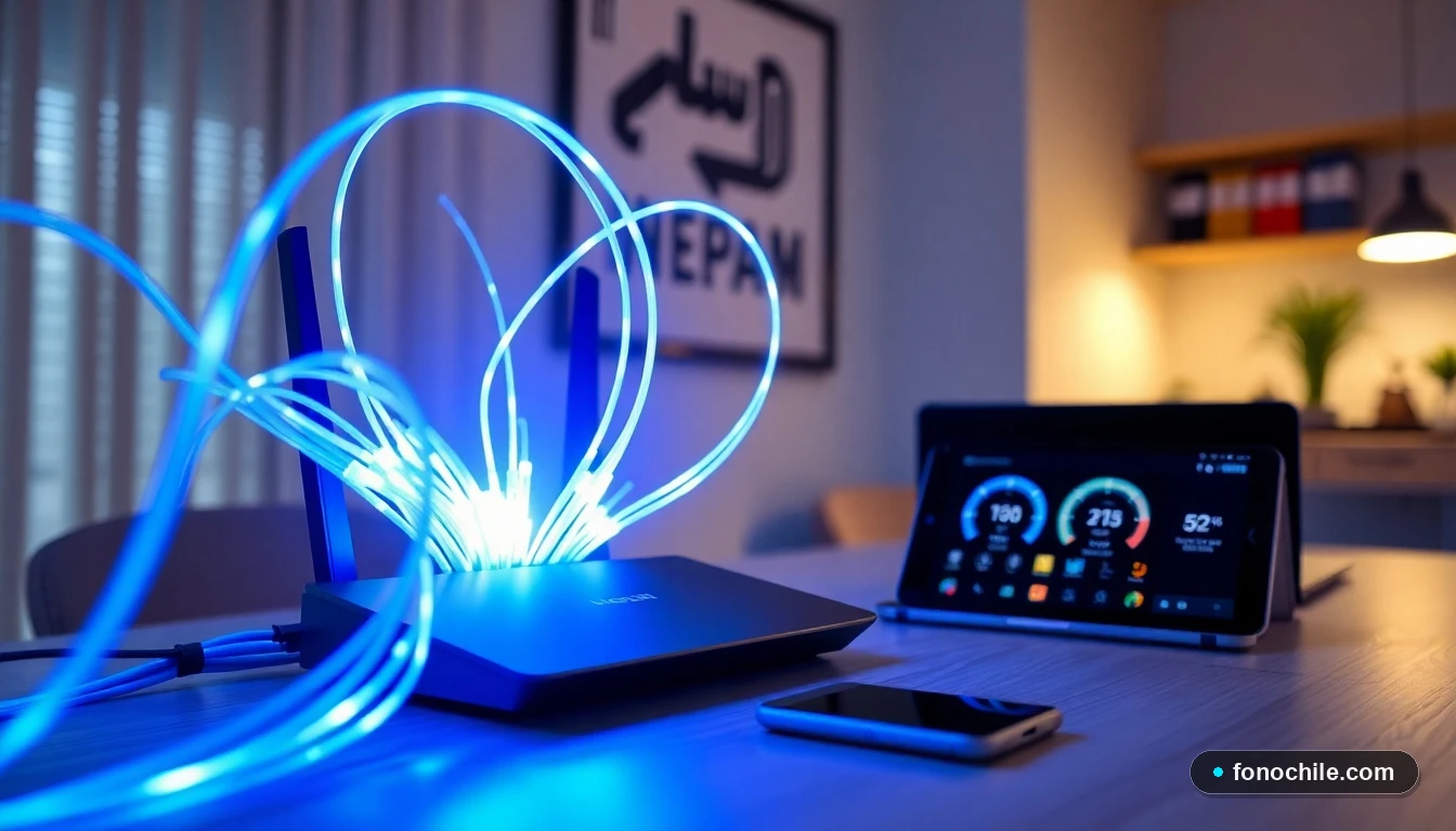 Fibra óptica moderna conectada a router en hogar chileno para internet de alta velocidad