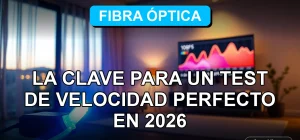Prueba de velocidad de internet de fibra óptica en un hogar moderno en Chile mostrando gráficos de rendimiento en una pantalla.
