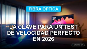 Prueba de velocidad de internet de fibra óptica en un hogar moderno en Chile mostrando gráficos de rendimiento en una pantalla.