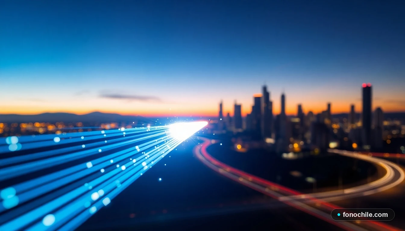 Cable de fibra óptica iluminado en Santiago de Chile con resultados de test de velocidad digitales