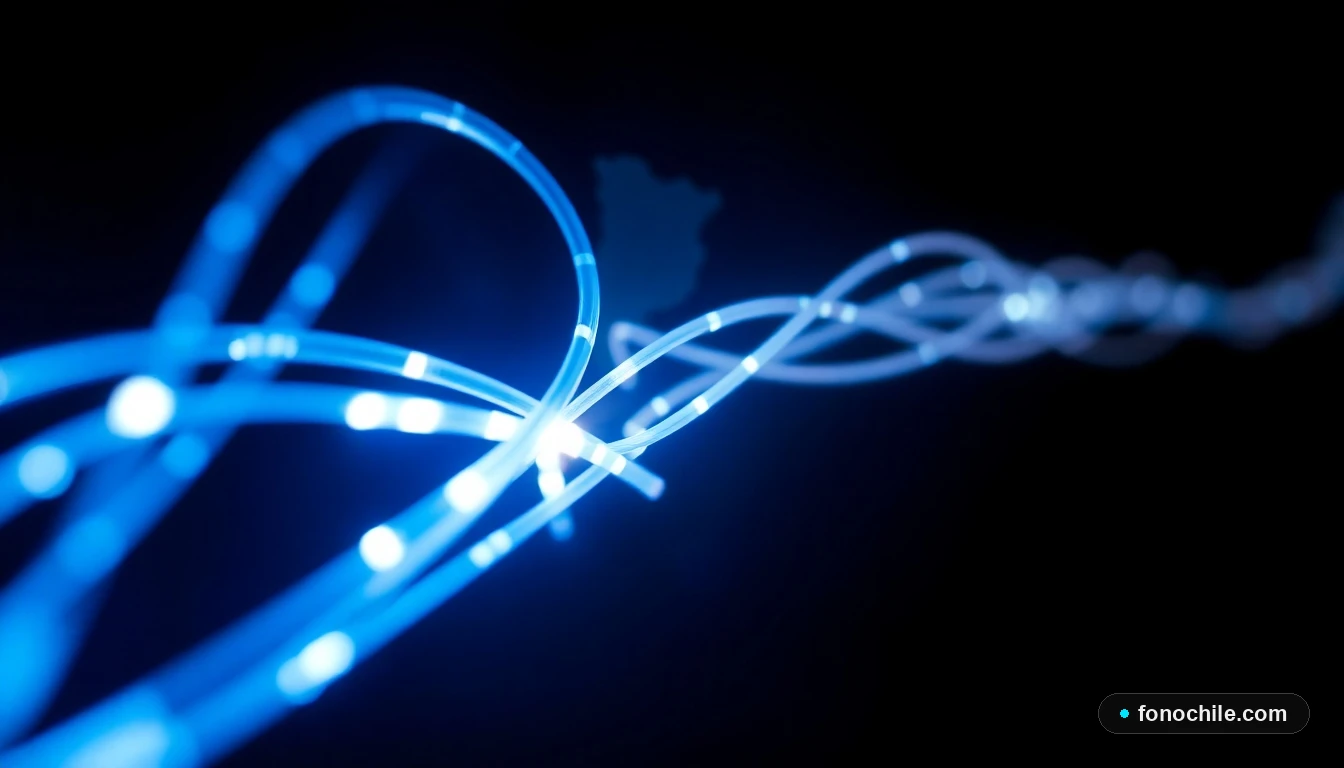 Cable de fibra óptica iluminado representando la alta velocidad de internet en Chile