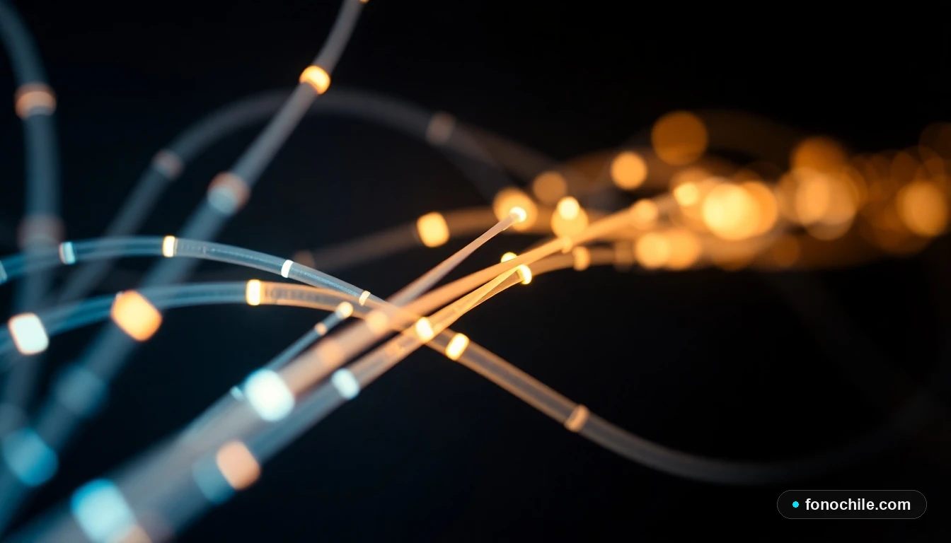 Detalle de cables de fibra óptica transmitiendo datos con luz, tecnología de internet en Chile.