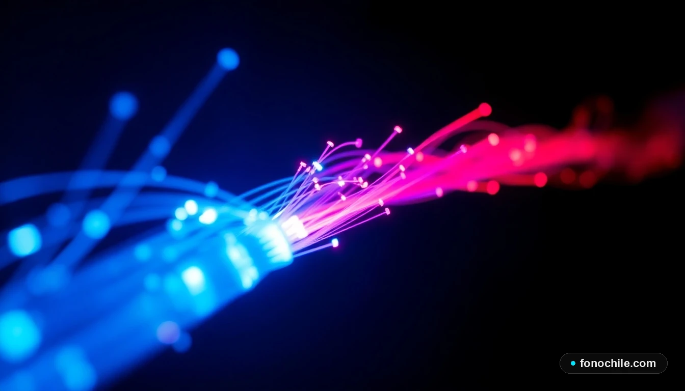 Cable de fibra óptica transmitiendo datos a alta velocidad, concepto de tecnología de internet en Chile.