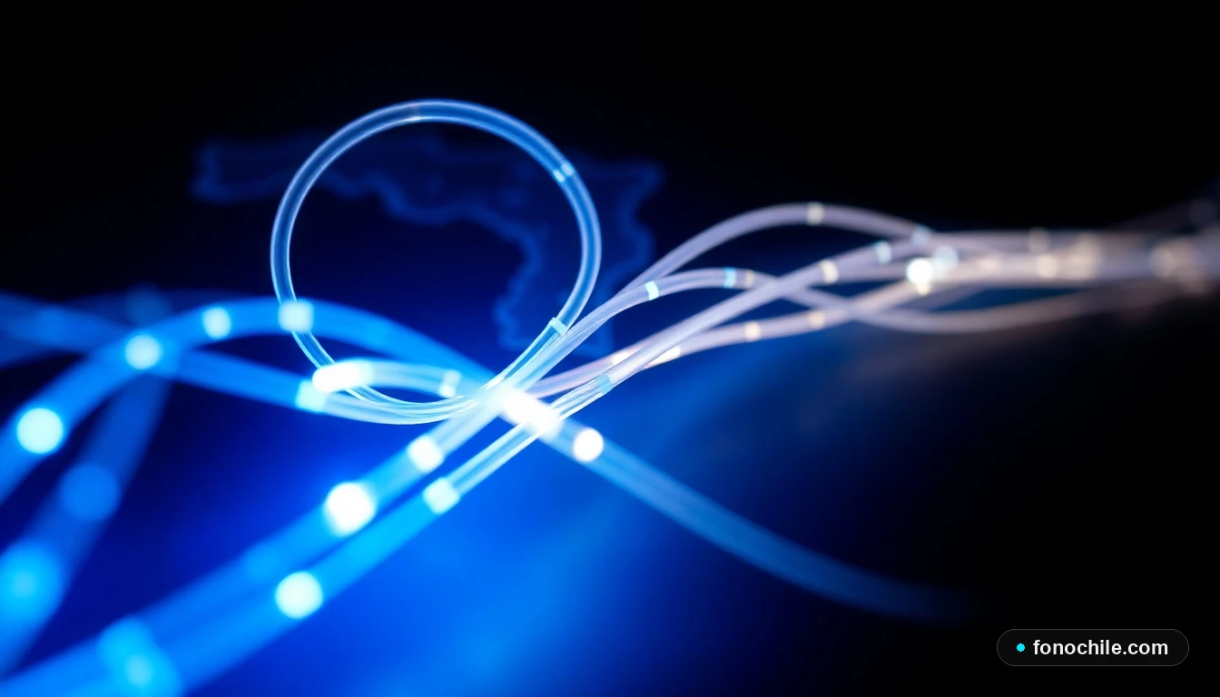 Cable de fibra óptica iluminado representando la conexión de internet de alta velocidad en Chile