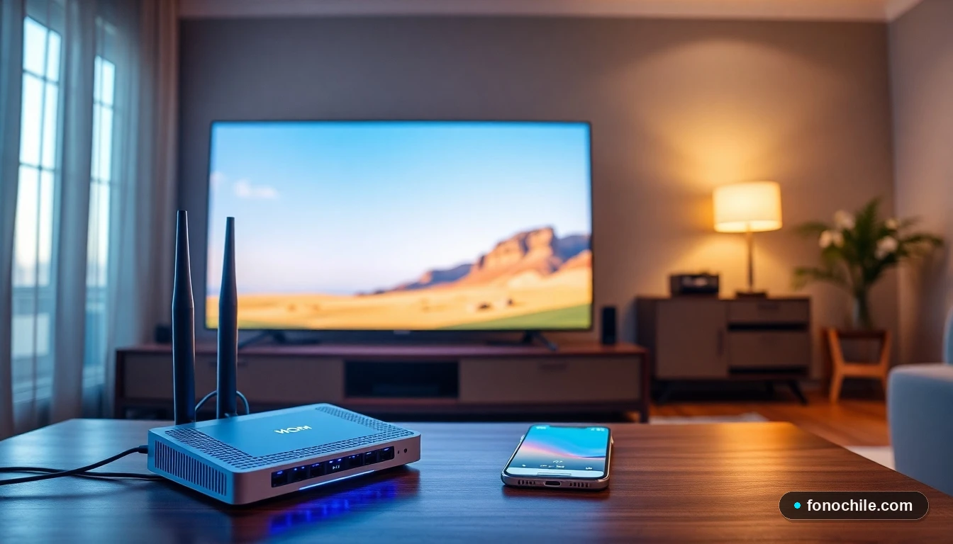 Fibra óptica WOM conectando router y televisor 4K en un hogar chileno para TV con Zapping