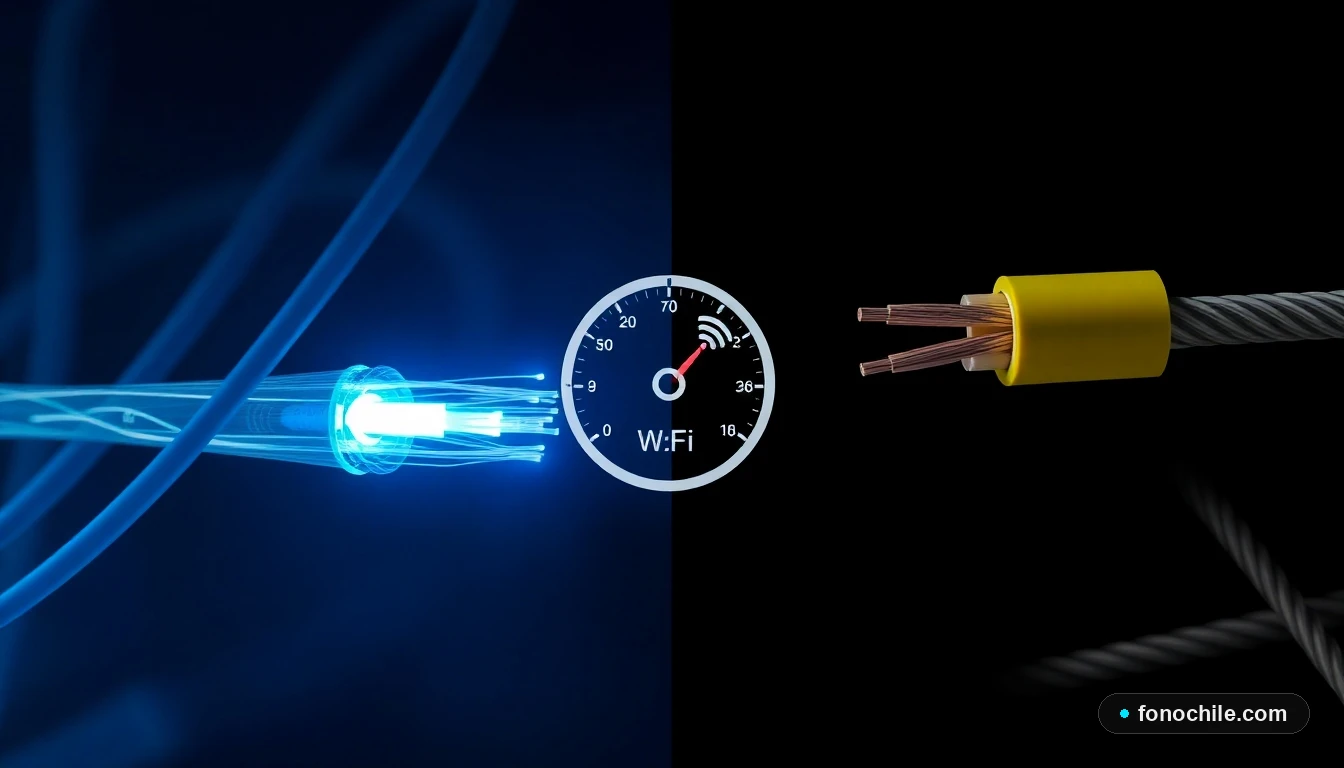 Comparativa visual entre un cable de fibra óptica moderna y un cable de cobre tradicional para internet