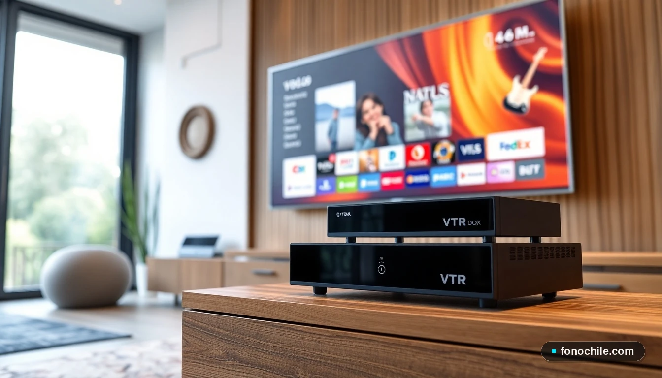 Decodificador VTR Dbox en un living moderno chileno mostrando su interfaz de usuario en la pantalla del televisor.