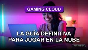 Joven chilena disfrutando de videojuegos en la nube con Gaming Cloud 2026 en su laptop, sin retrasos.