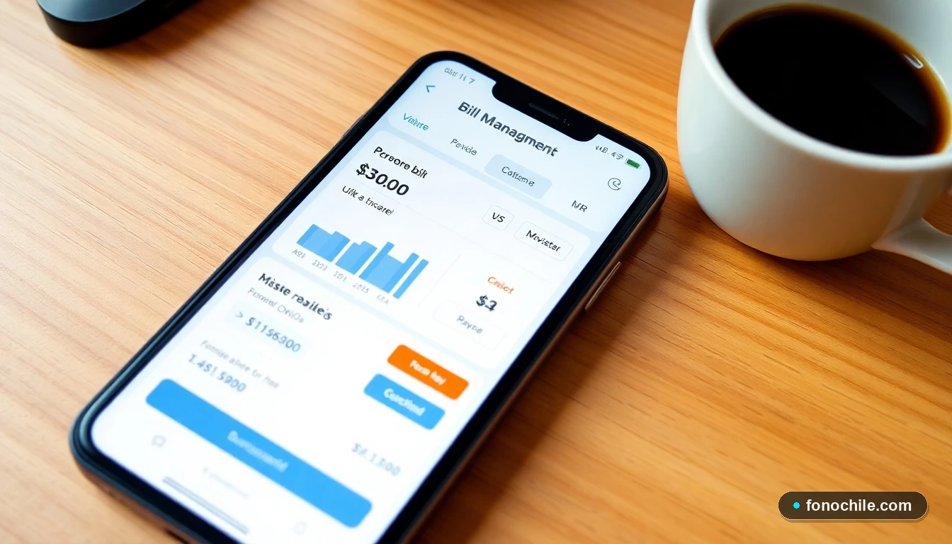 Interfaz moderna de una app de gestión de facturas en un smartphone mostrando gráficos de consumo de VTR y Movistar