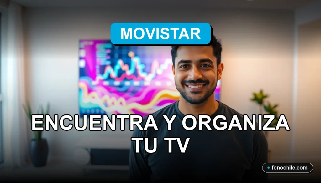 Guía de canales de Movistar en Chile mostrada en una pantalla de televisión moderna con gráficos abstractos de colores.