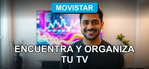 Guía de canales de Movistar en Chile mostrada en una pantalla de televisión moderna con gráficos abstractos de colores.