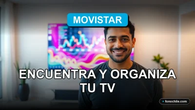 Guía de canales de Movistar en Chile mostrada en una pantalla de televisión moderna con gráficos abstractos de colores.