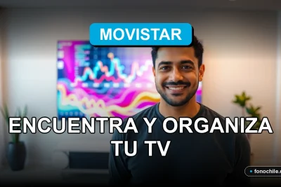 Guía de canales de Movistar en Chile mostrada en una pantalla de televisión moderna con gráficos abstractos de colores.