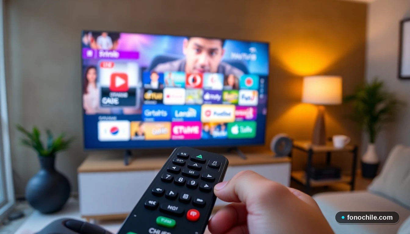 Hombre usando control remoto para navegar la guía de canales interactiva de Movistar TV en Chile.