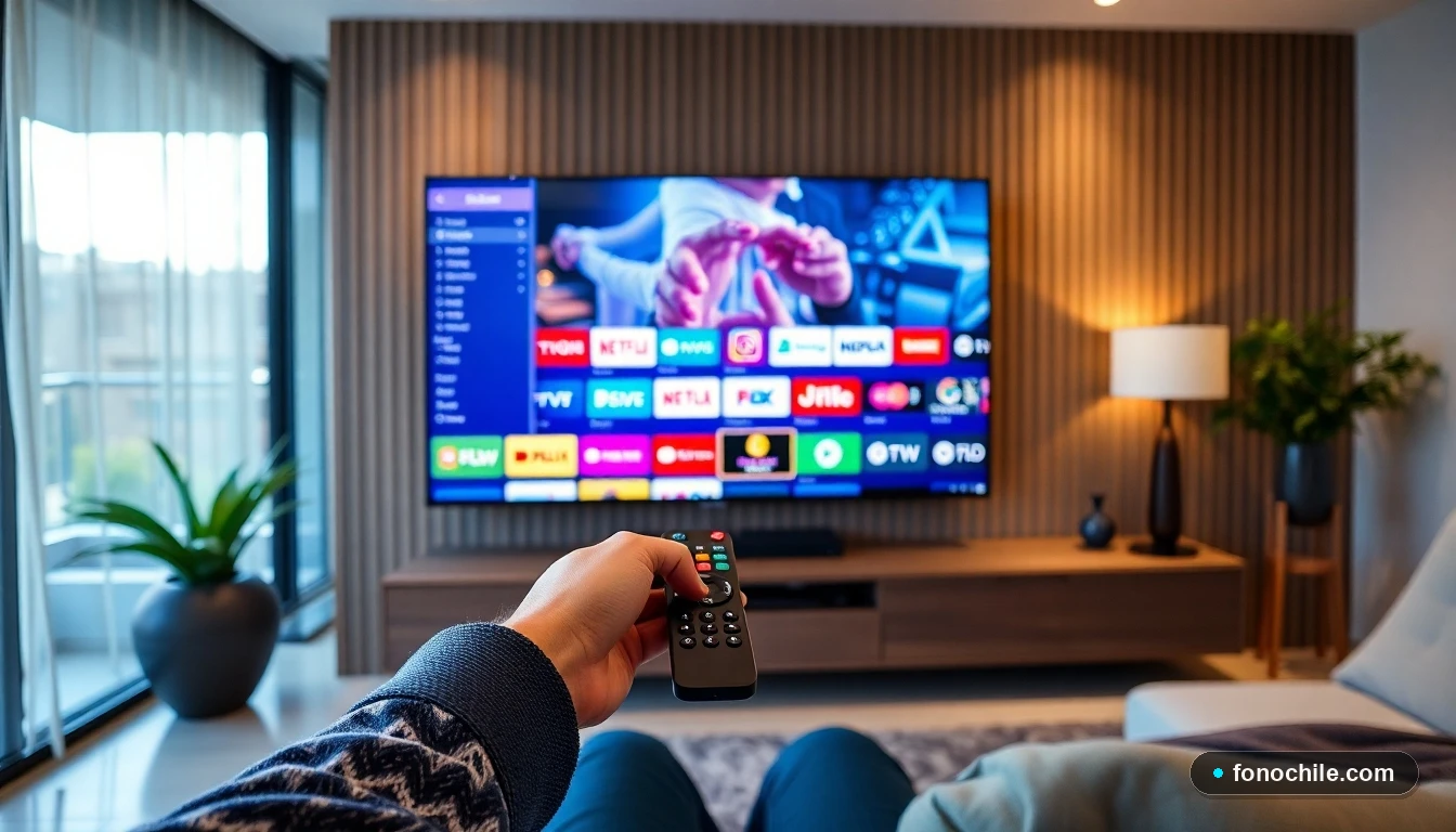 Persona usando el control remoto del decodificador VTR d-BOX para navegar la guía interactiva de canales en la televisión.