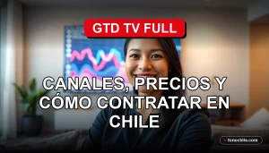Una mujer chilena sonríe mientras ve la pantalla de un televisor moderno en su sala de estar.