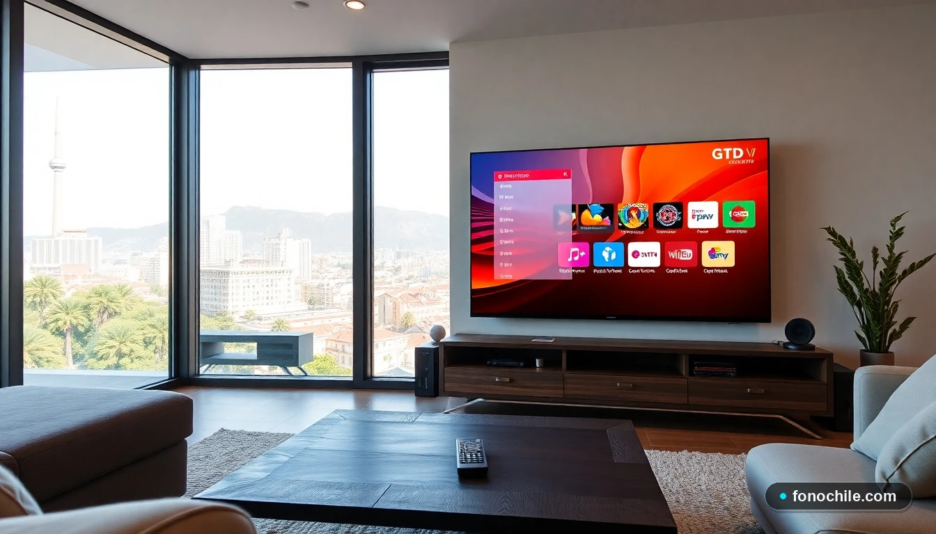 Salón moderno en Chile con televisor mostrando la interfaz de GTD TV Full y control remoto.