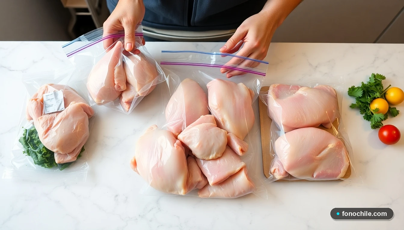 Guía visual para congelar pollo correctamente en casa, mostrando porcionado y envasado al vacío.