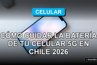 Guía para optimizar y extender la duración de la batería de un teléfono inteligente 5G en Chile, mostrando un dispositivo moderno en un escritorio.