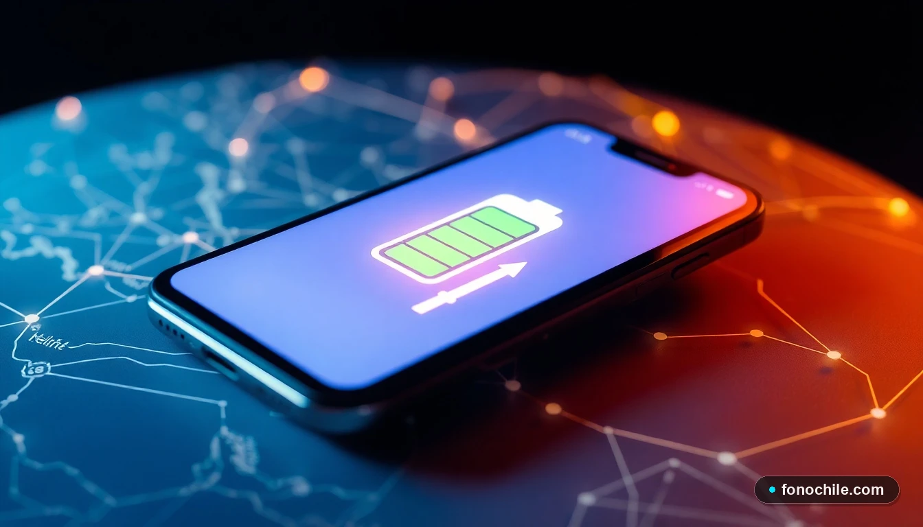 Smartphone 5G mostrando icono de batería saludable sobre mapa de Chile, concepto de cuidado de batería