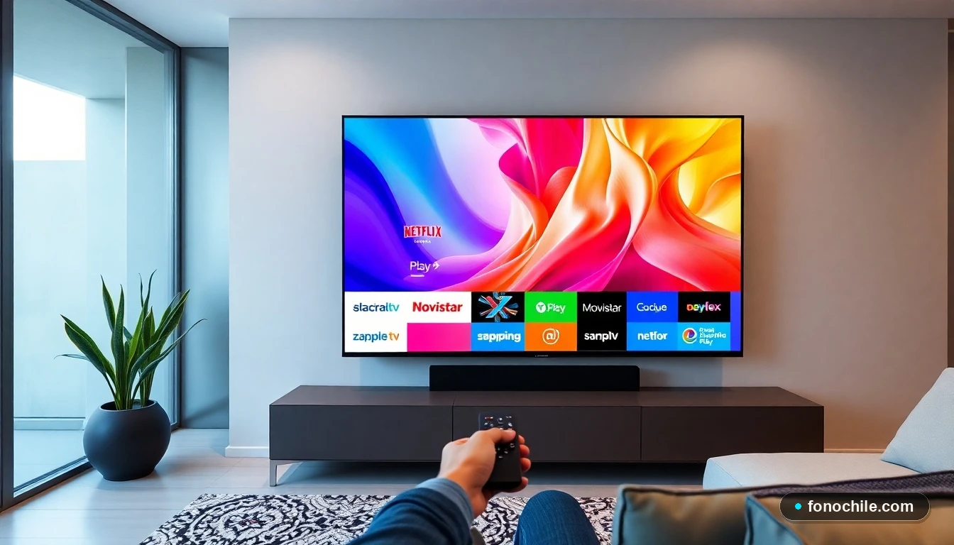 Persona usando el menú de aplicaciones en una TV Smart moderna en un living chileno, mostrando opciones de streaming y servicios.