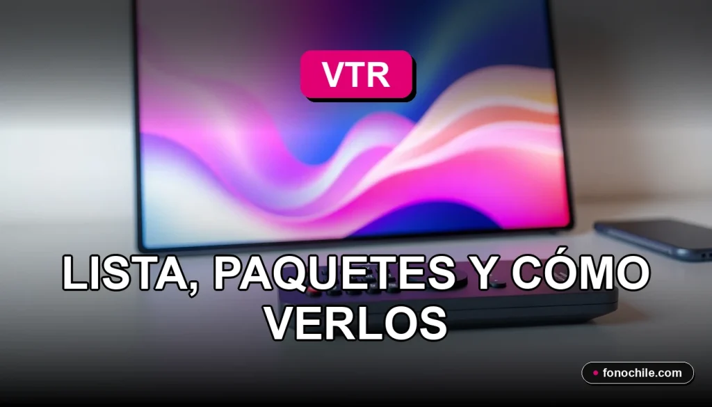 Guía completa de canales y paquetes de televisión VTR en Chile, mostrando un control remoto sobre una mesa moderna.