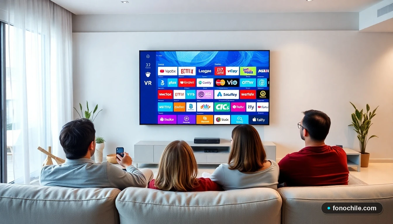 Familia chilena navegando por la interfaz y lista de canales VTR en su televisor inteligente