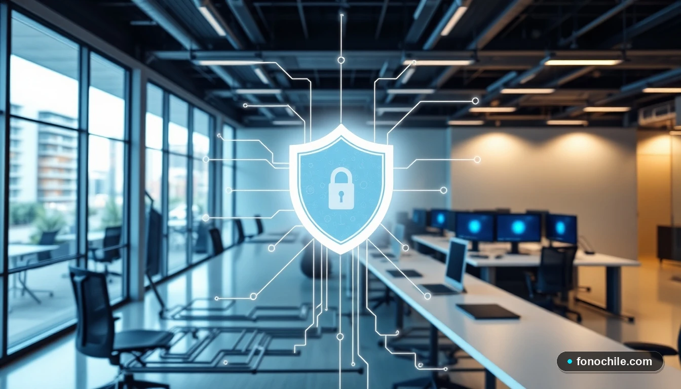 Escudo de ciberseguridad protegiendo la red digital de una empresa moderna en Chile