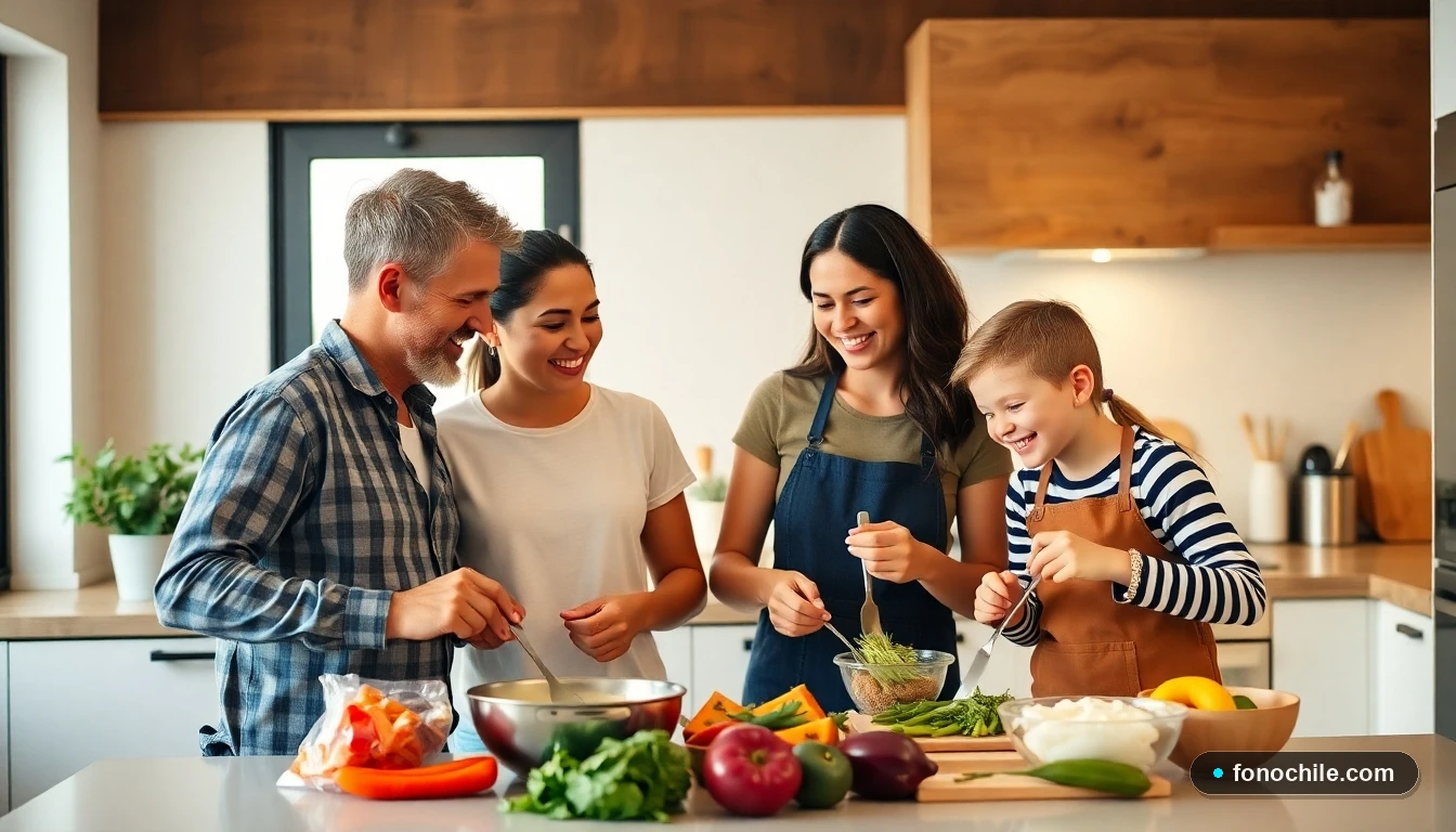 Familia chilena practicando crianza responsable cocinando juntos en la cocina