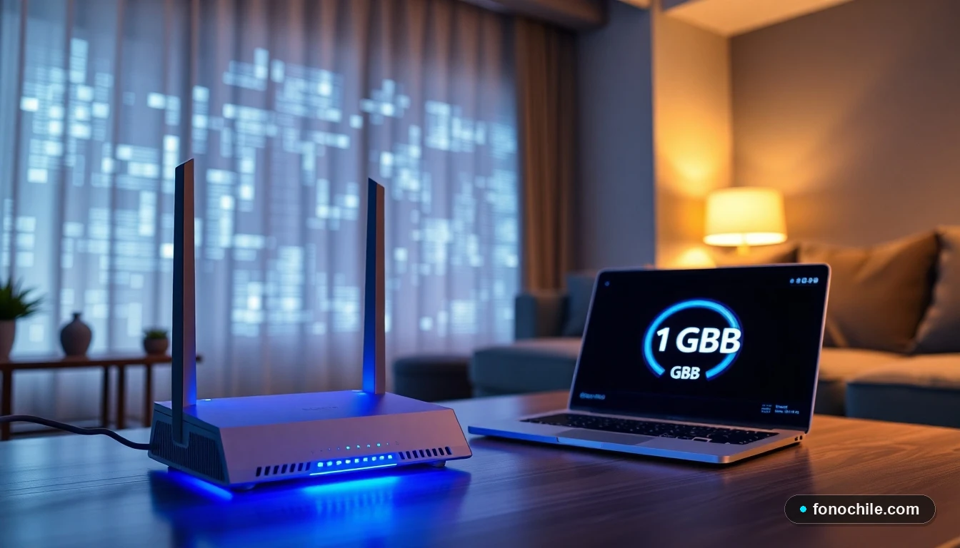Router de fibra óptica moderno realizando test de velocidad de 1 Gbps en un hogar contemporáneo