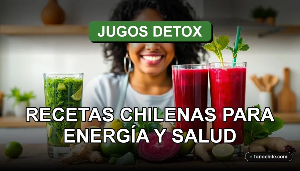 Recetas chilenas de jugos detox verdes y rojos en una cocina moderna, con frutas y verduras frescas sobre una mesa de madera.