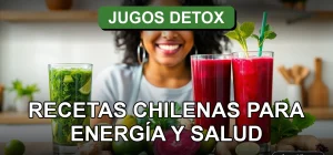 Recetas chilenas de jugos detox verdes y rojos en una cocina moderna, con frutas y verduras frescas sobre una mesa de madera.