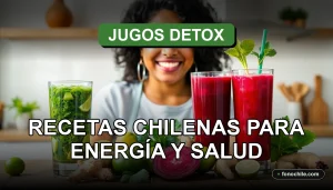 Recetas chilenas de jugos detox verdes y rojos en una cocina moderna, con frutas y verduras frescas sobre una mesa de madera.