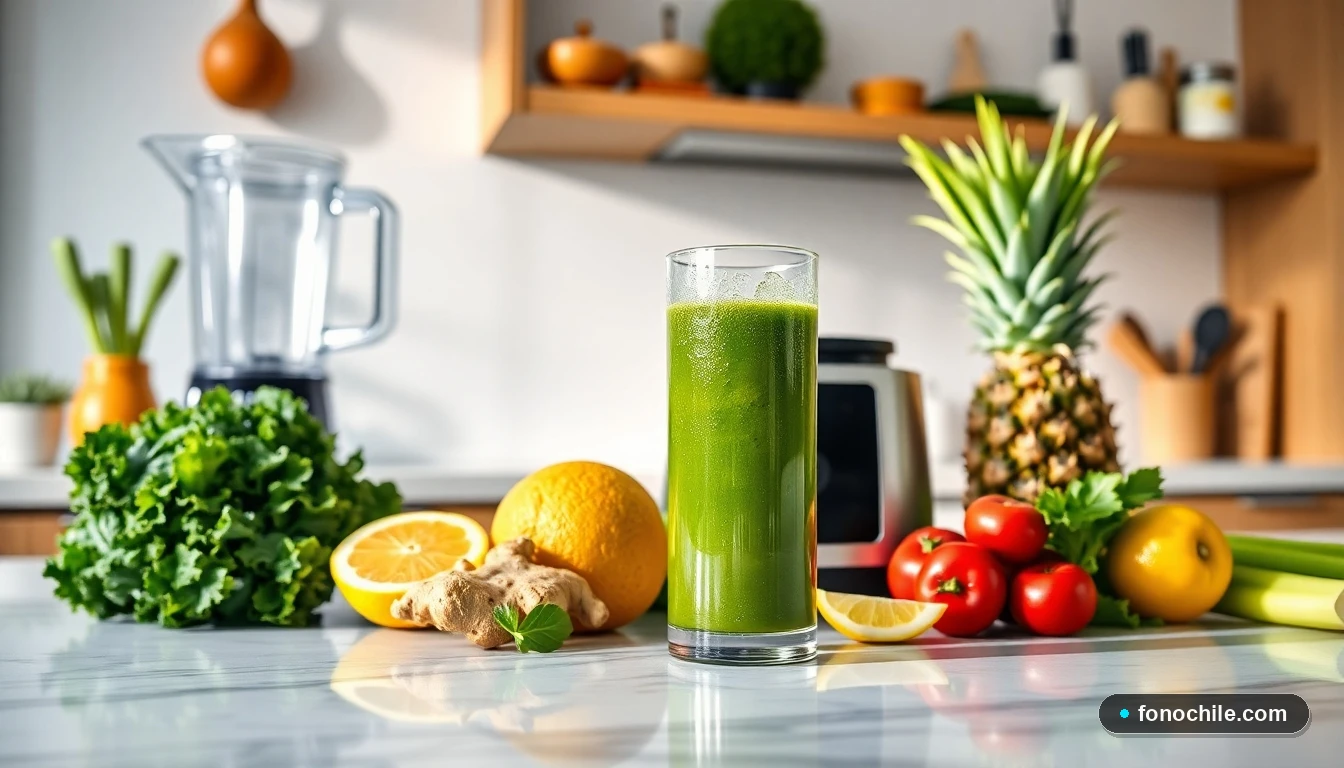 Preparación de jugo detox verde con ingredientes frescos chilenos en una cocina moderna